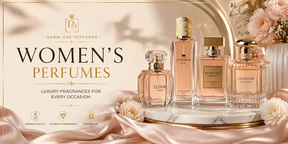 Luxury Women's Perfumes Collection Banner featuring premium Dubai fragrances with elegant perfume bottles, marble display, gold accents, and floral luxury design by Dubai USA Perfumes.