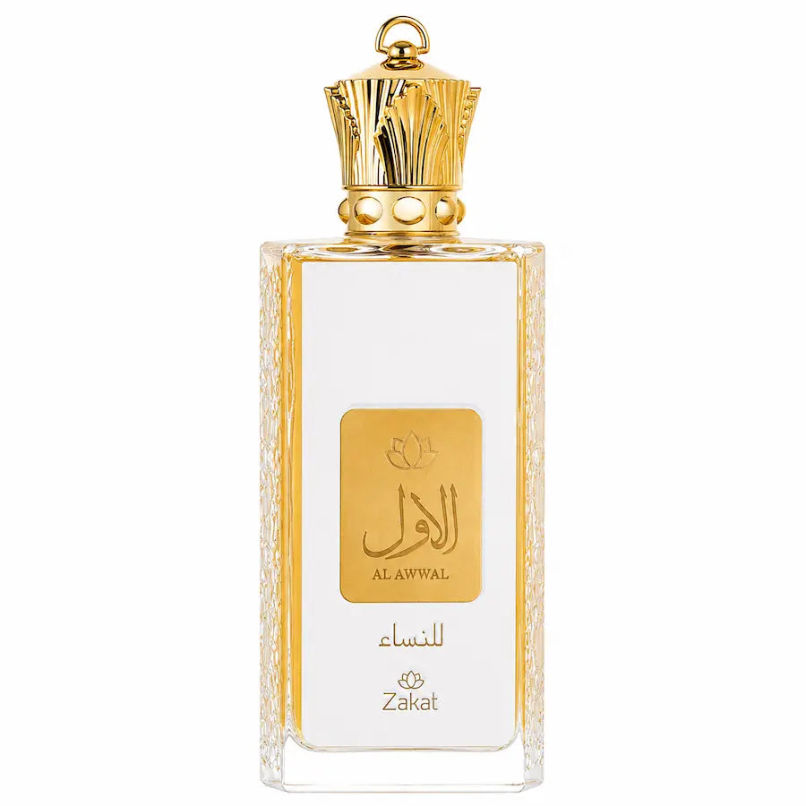 Zakat Al Awwal for Women Eau de Parfum 100ml perfume bottle on a white background with elegant gold design