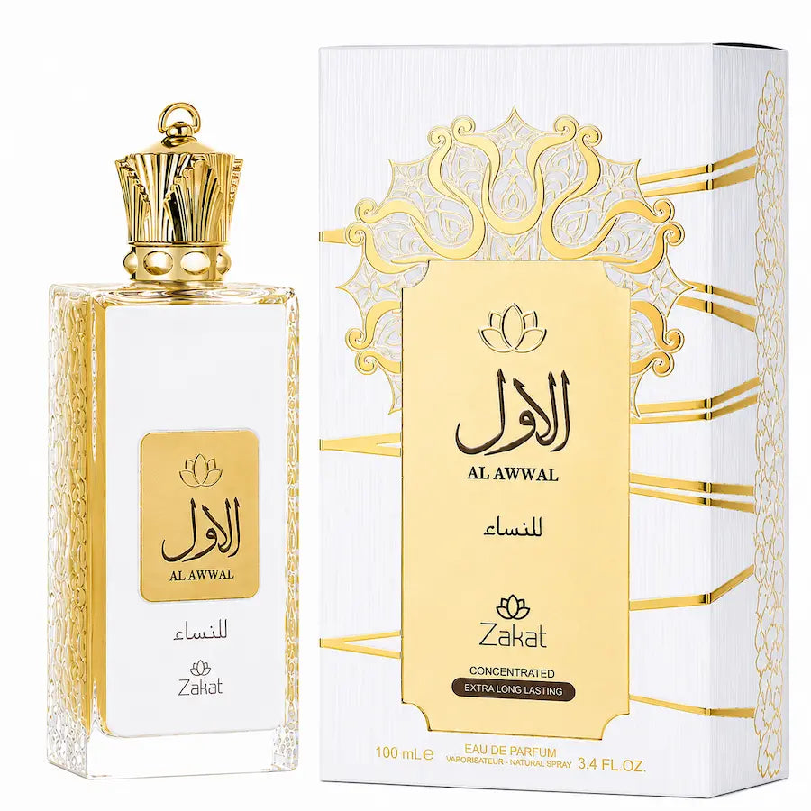 Zakat Al Awwal for Women Eau de Parfum 100ml bottle and box on a white background with luxury gold details