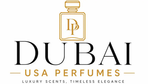Dubai USA Perfumes luxury fragrance logo in black and gold on white background representing premium perfume brand and timeless elegance