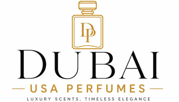 Dubai USA Perfumes luxury fragrance logo in black and gold on white background representing premium perfume brand and timeless elegance