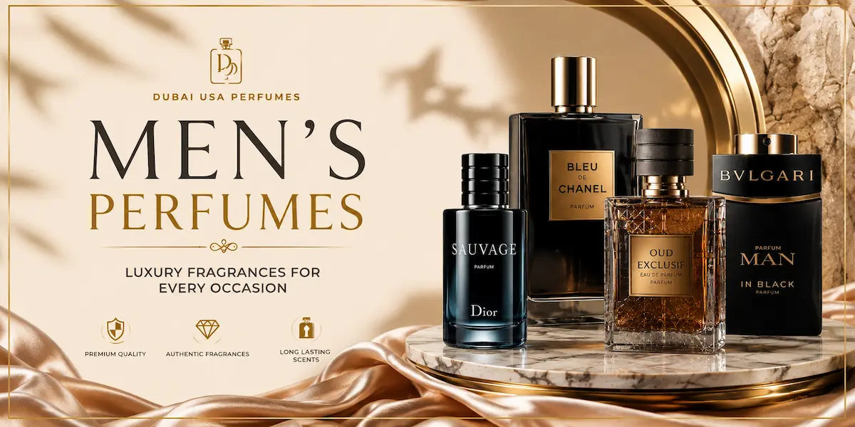 Luxury men's perfumes collection at Dubai USA Perfumes featuring premium and authentic fragrances
